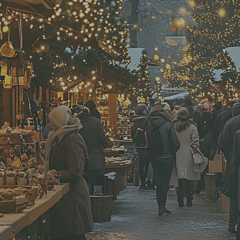 Timber Christmas market chalets and wooden market stalls