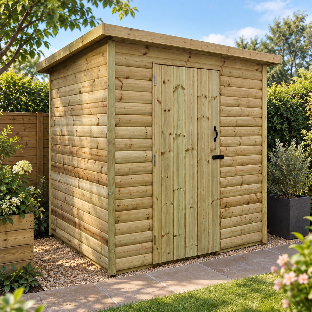 Heavy-duty pent garden shed with single door and no windows
