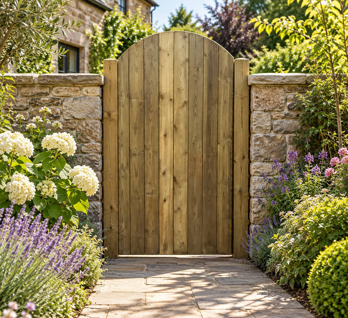 Curved top tongue and groove garden gate front in landscaped garden