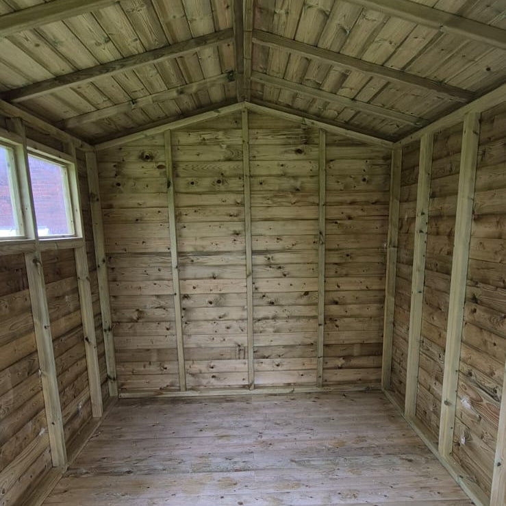 Inside heavy duty apex garden shed showing timber construction