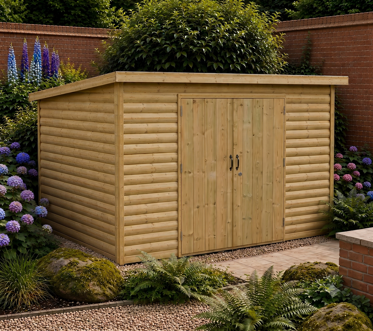 10x8 heavy-duty pent shed with double doors and no windows