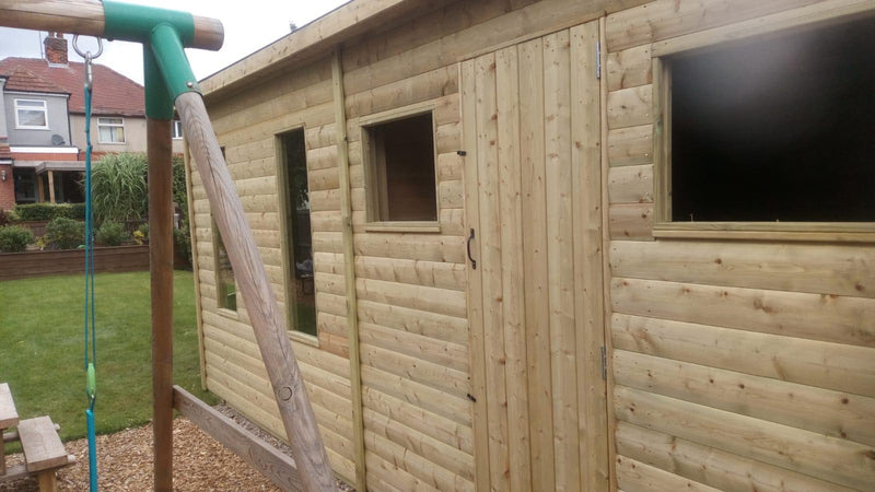 Pressure-treated corner summerhouse and shed exterior