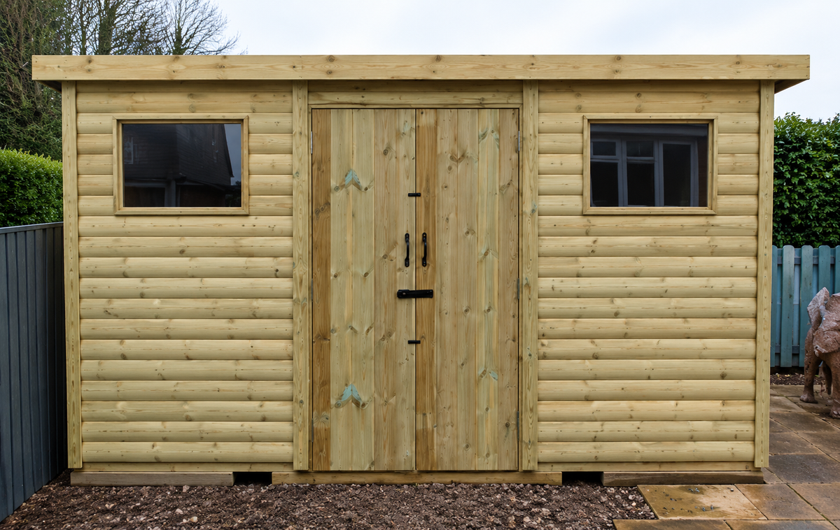 Heavy-duty pent shed with central double doors and one window either side