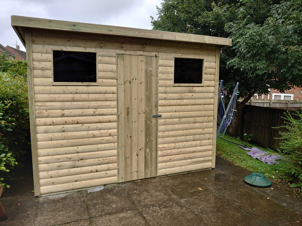 Timber pent garden shed with central door and two windows