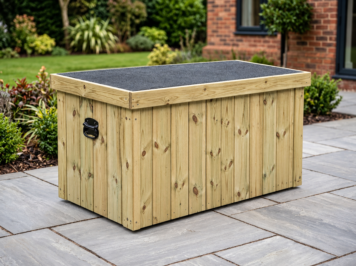 250L Large Garden Storage Chest with closed felt lid and end lifting handle