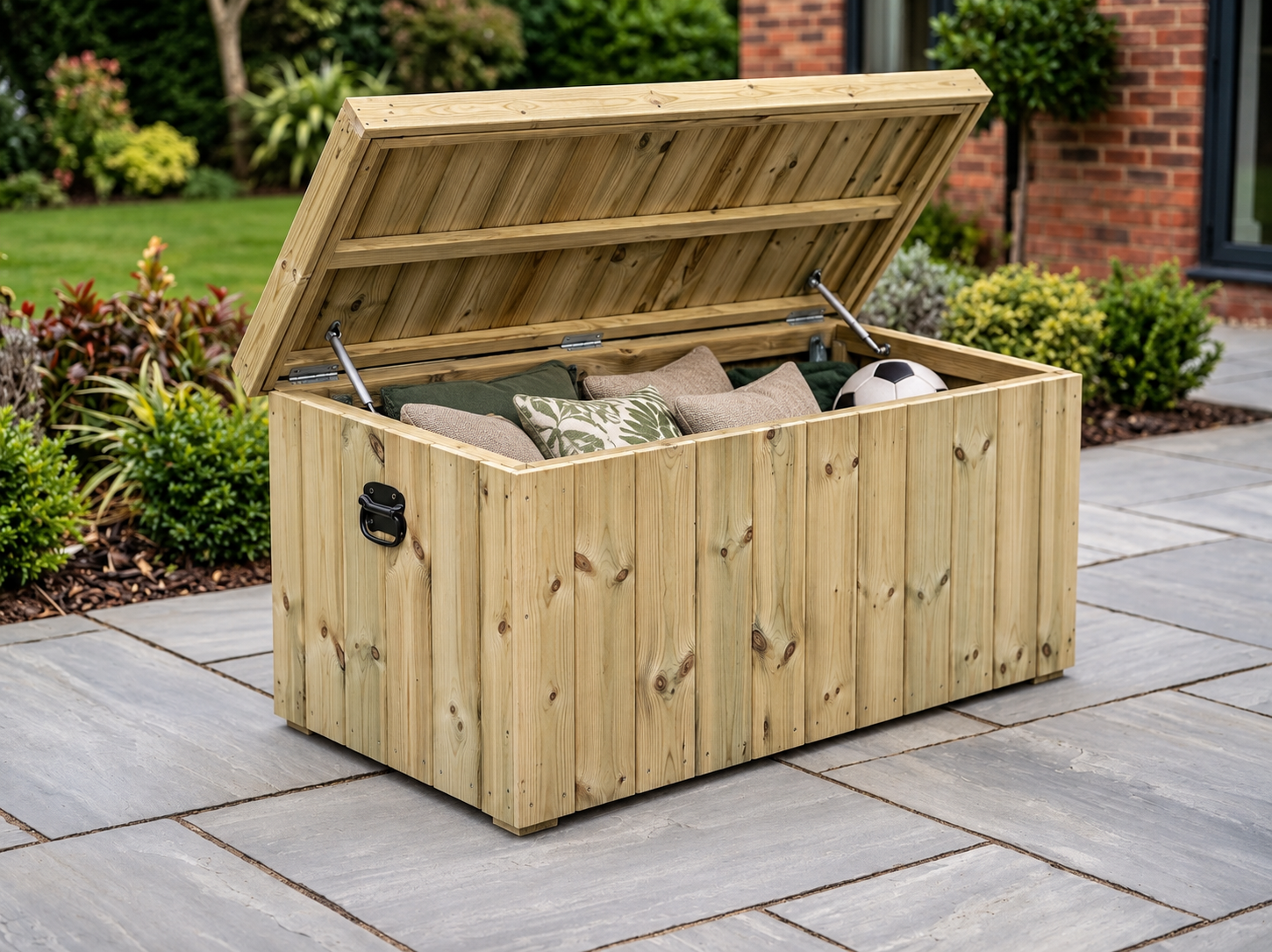 250L Large Garden Storage Chest open with cushions and football inside