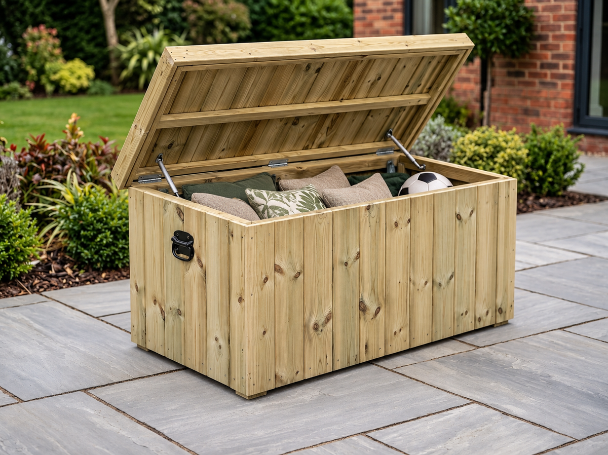 250L Large Garden Storage Chest open with cushions and football inside