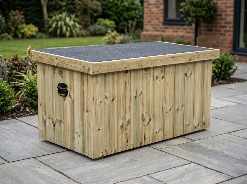 290L heavy duty wooden garden storage box with charcoal mineral felt lid closed