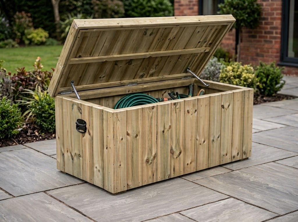 290L heavy duty wooden garden storage box open showing supported lid and storage space
