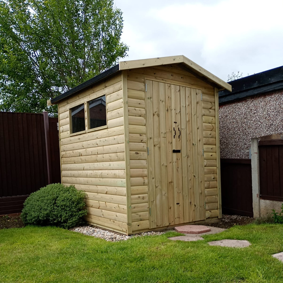 Pressure-treated 6x7 apex double door shed with two windows