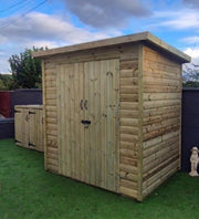 Small pent garden shed with central double doors and no windows