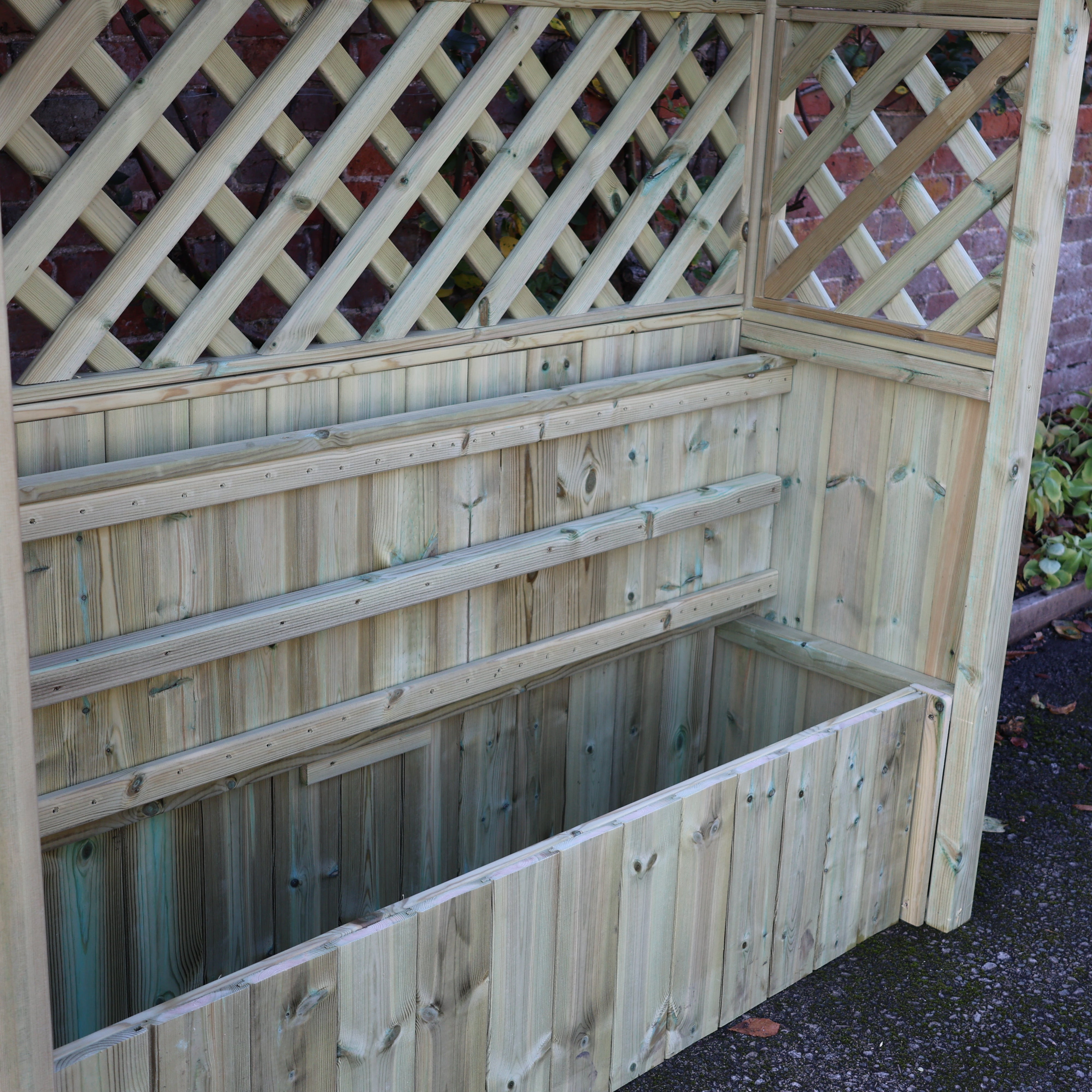 Wooden garden arbour with storage box