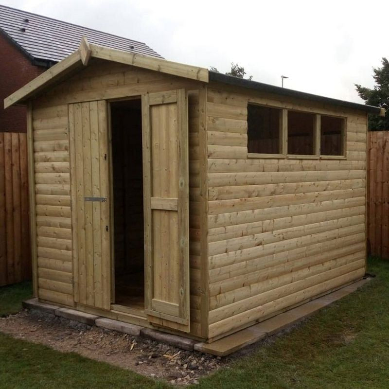 Heavy duty pressure-treated apex garden shed with timber loglap cladding