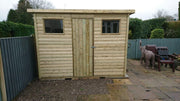 Heavy-duty pent garden shed with central door and two front windows