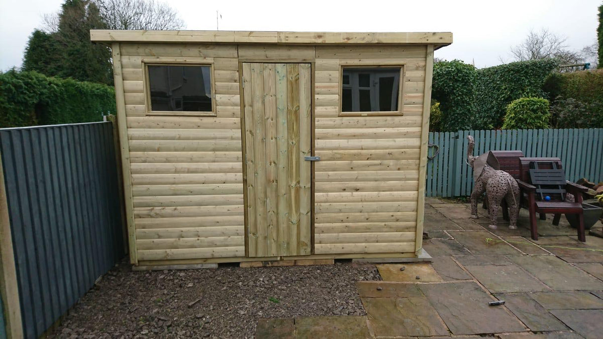 Heavy-duty pent garden shed with central door and two front windows