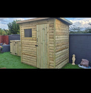 Timber pent shed with right-hand single door and front window