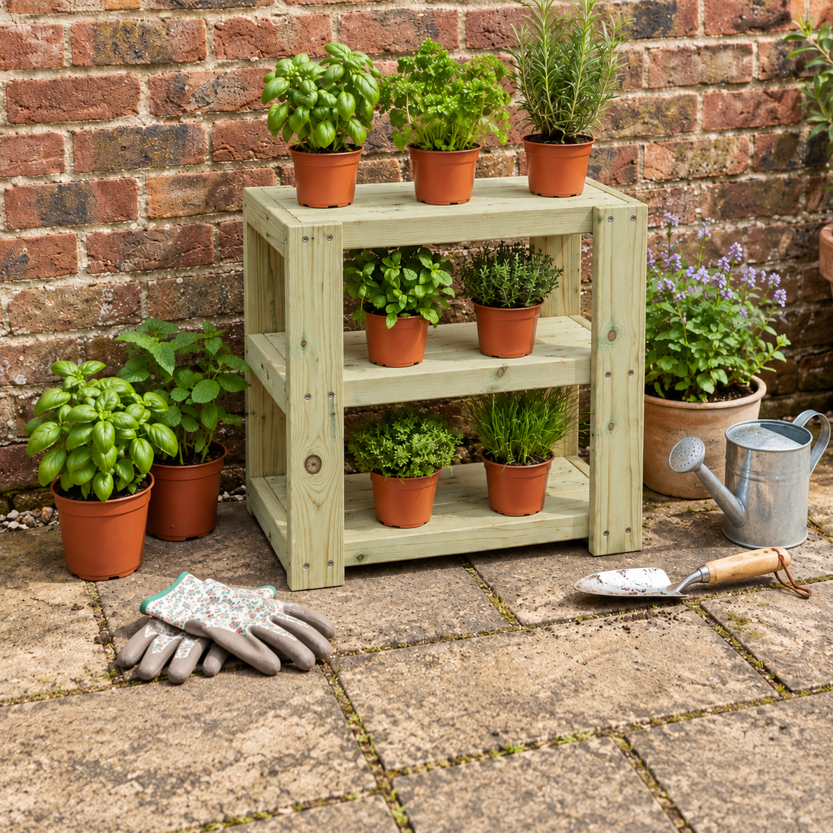 Green treated timber multi-use garden shelf holding potted herbs