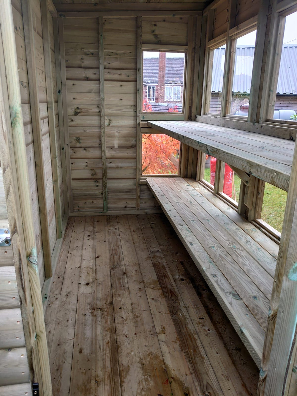 5x8 timber potting shed with internal potting shelves