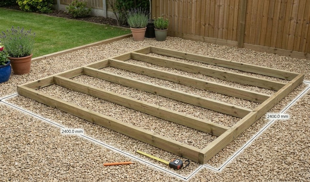 8 x 8 timber shed base kit made from pressure-treated 92 x 44 mm redwood